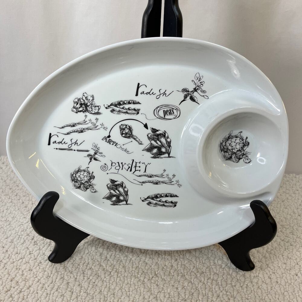 Oval Melamine Divided Dish Chip & Dip Plastic 11.5" Black White Veggie Graphics